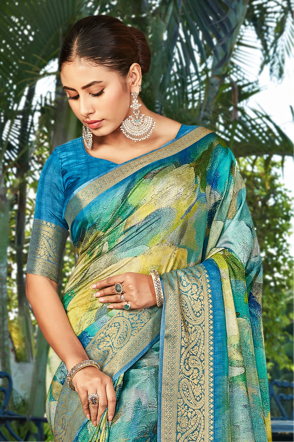 Blue Color Modal Silk Printed & Woven Saree