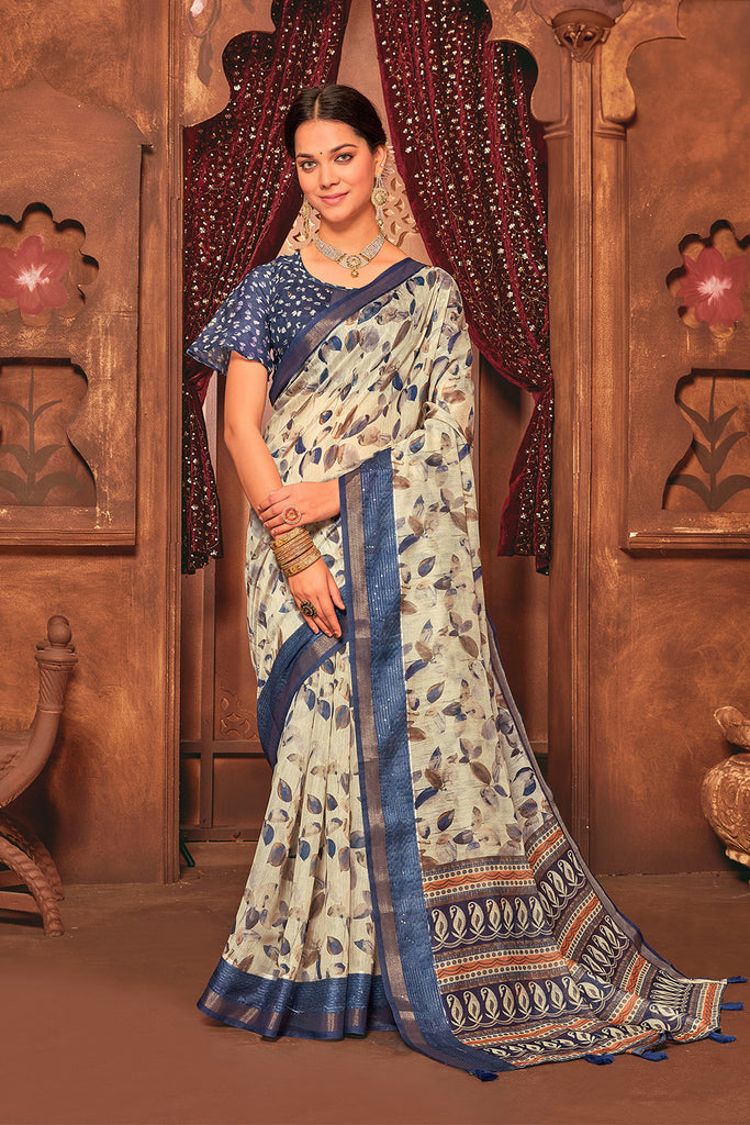 Beige & Navy Color Cotton Digital Printed Saree