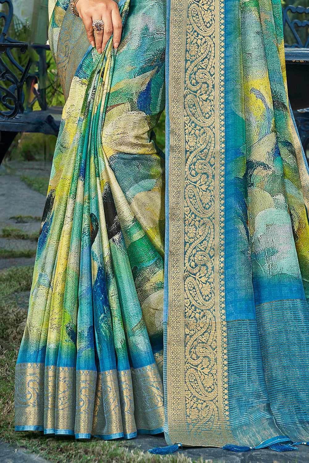 Blue Color Modal Silk Printed & Woven Saree