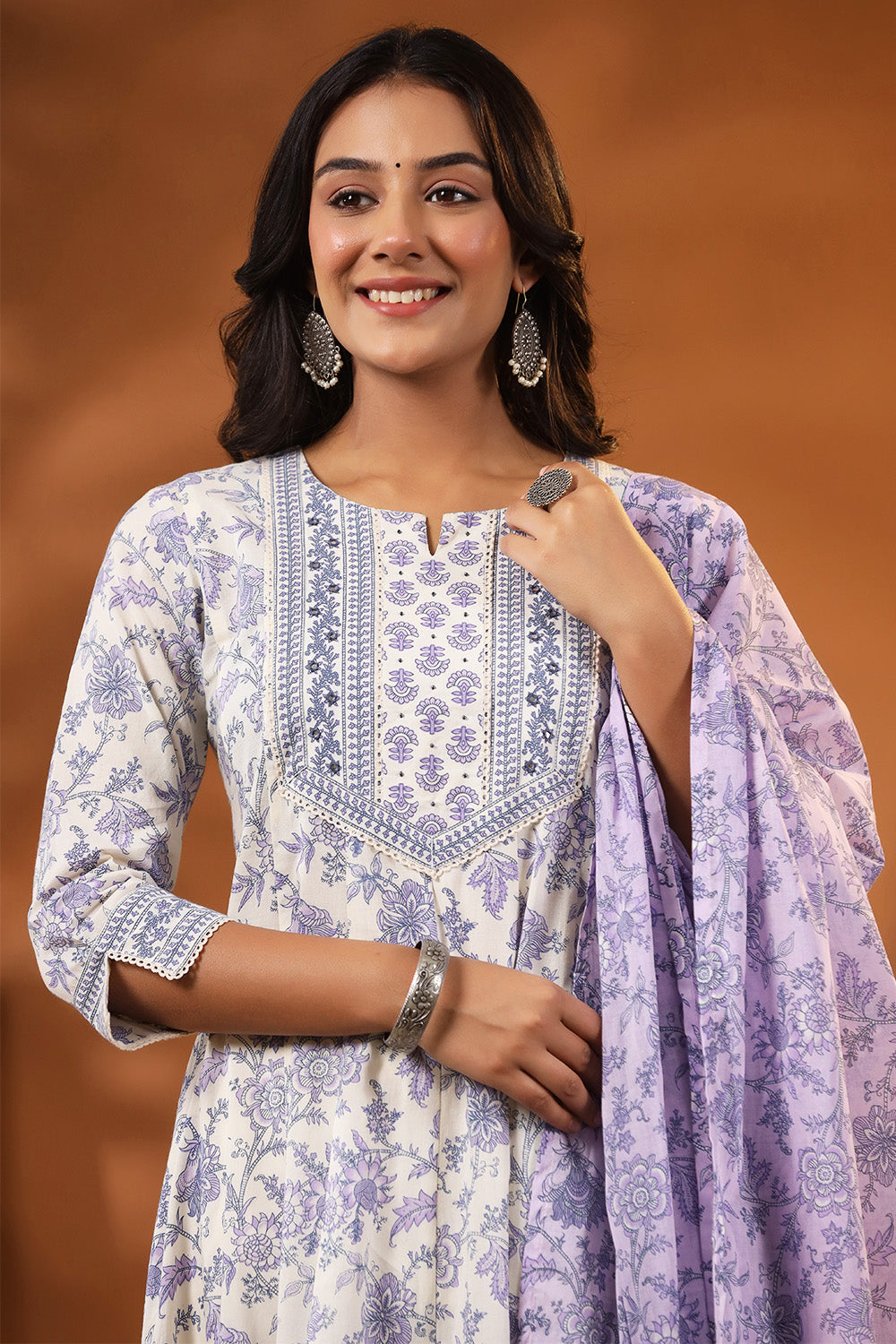 Cream & Lavender Color Floral Printed Cotton Anarkali Suit