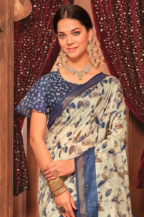 Beige & Navy Color Cotton Digital Printed Saree