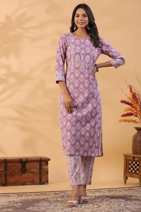 Mauve Color Printed Cotton Straight Suit