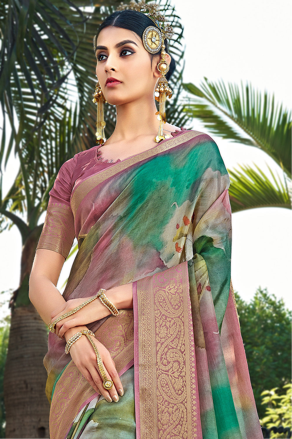 Dusty Pink Color Modal Silk Printed & Woven Saree