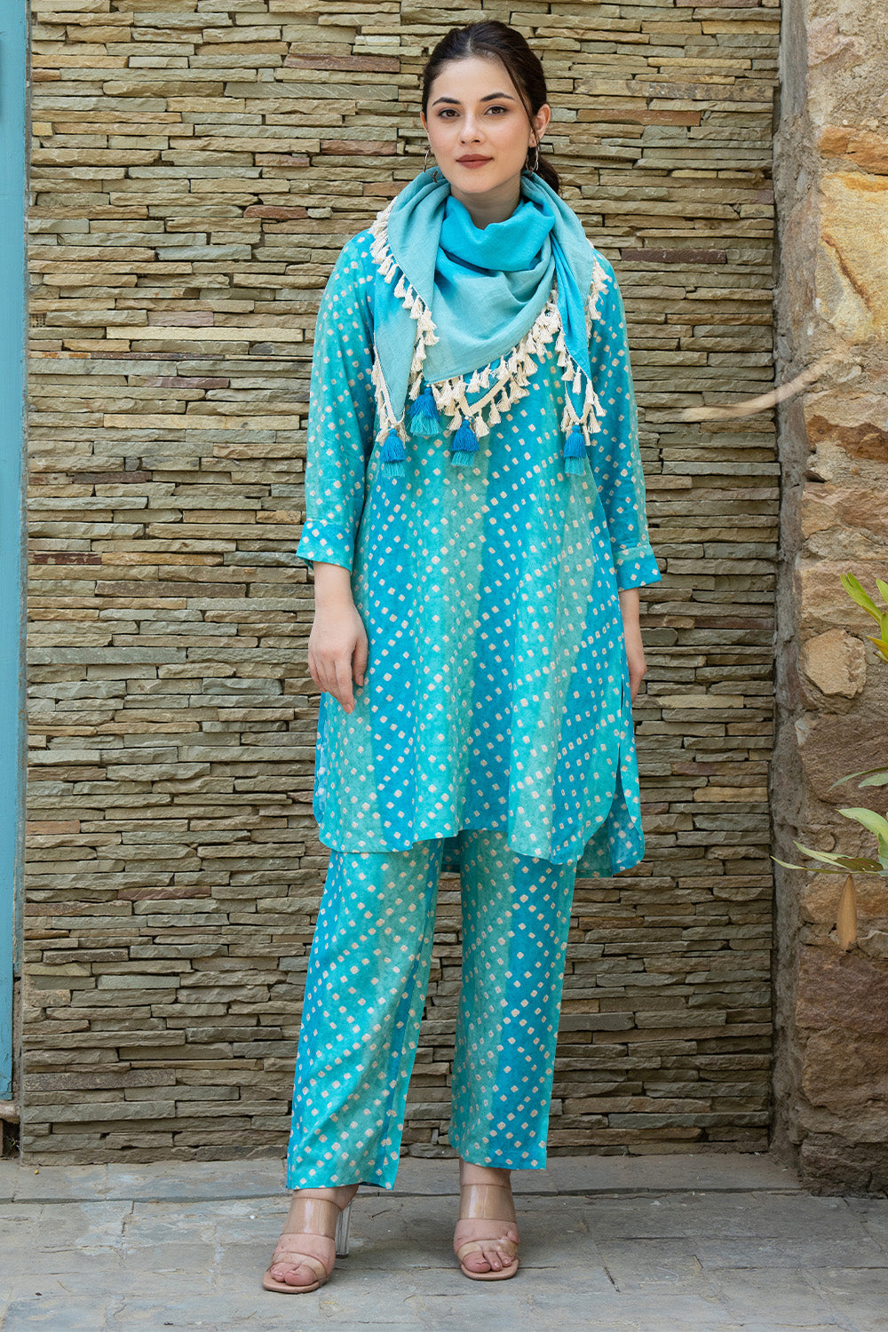 Turquoise  Color Printed Rayon Suit