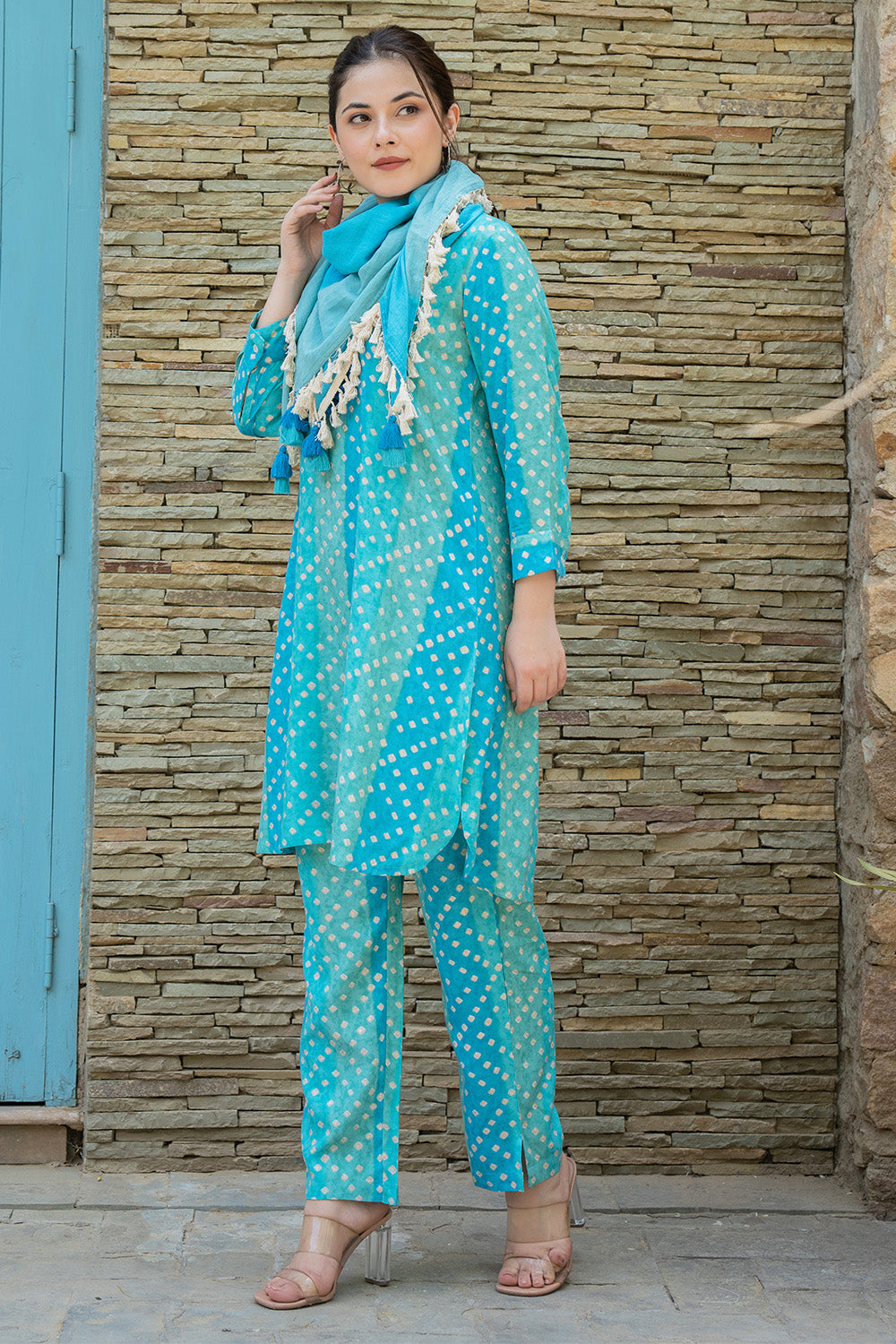 Turquoise  Color Printed Rayon Suit