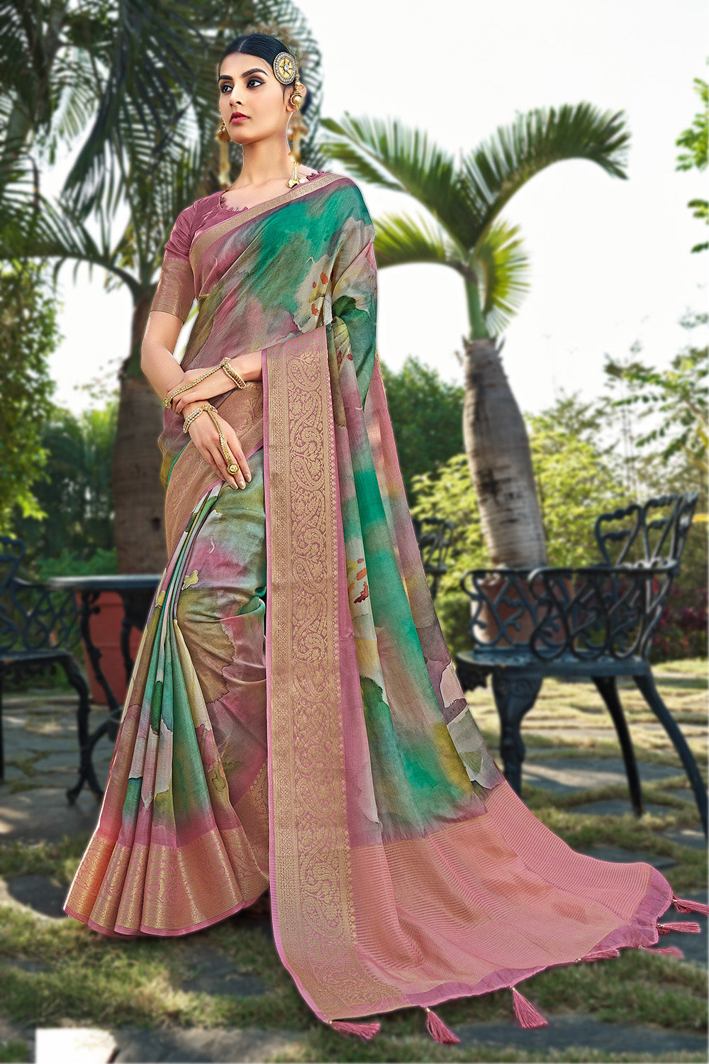 Dusty Pink Color Modal Silk Printed & Woven Saree