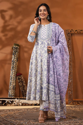 Cream & Lavender Color Floral Printed Cotton Anarkali Suit