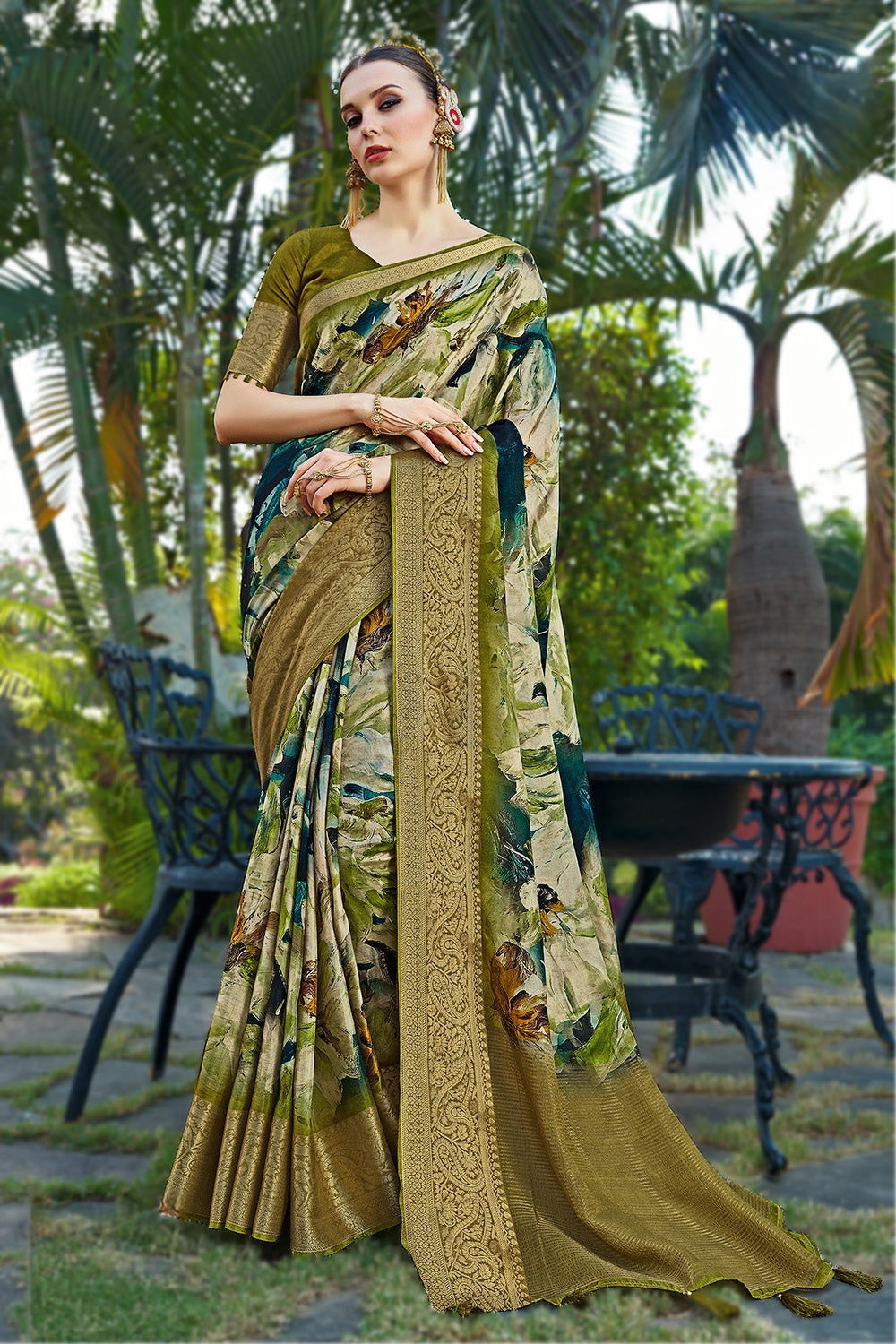 Olive Green Color Modal Silk Printed & Woven Saree