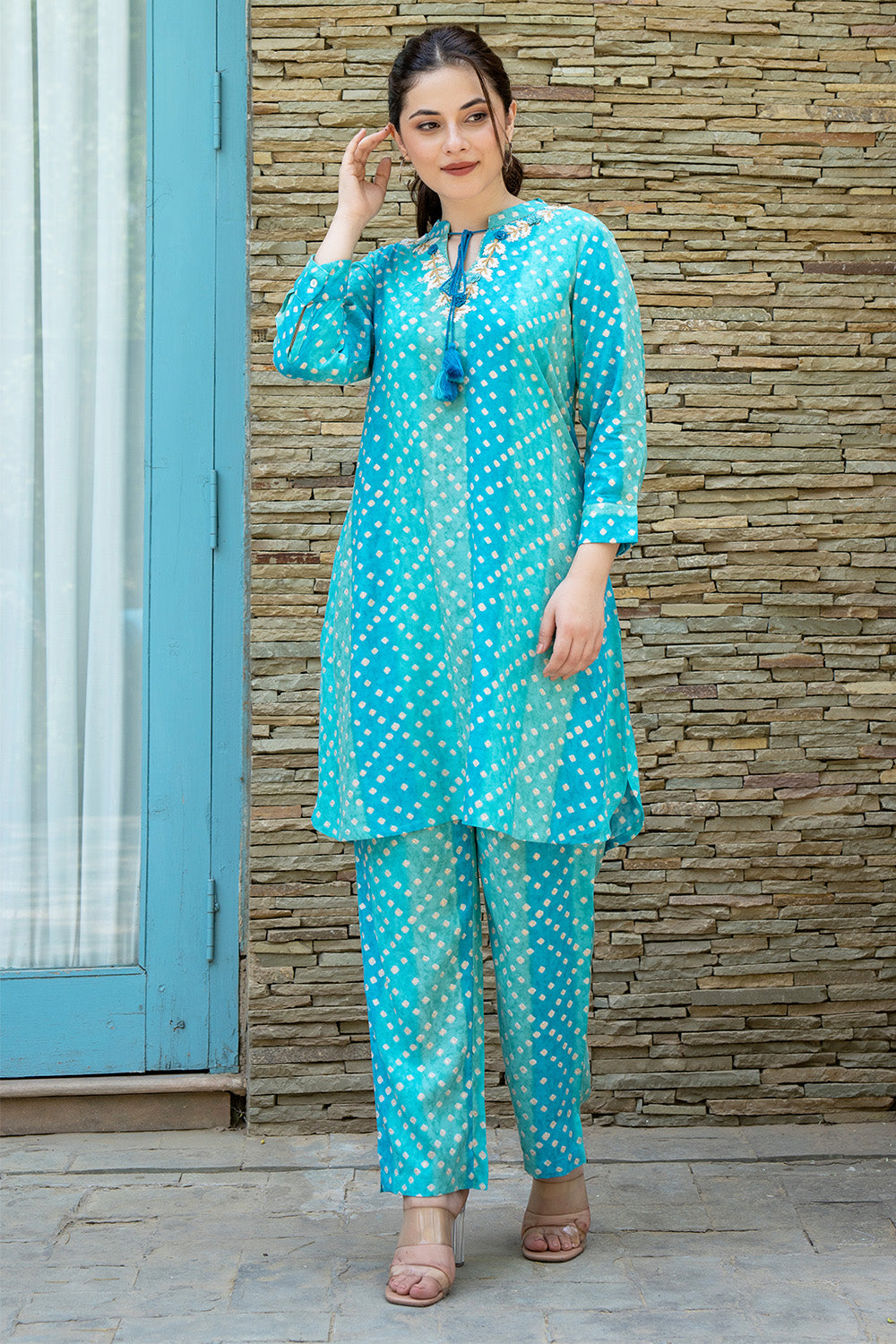 Turquoise  Color Printed Rayon Suit