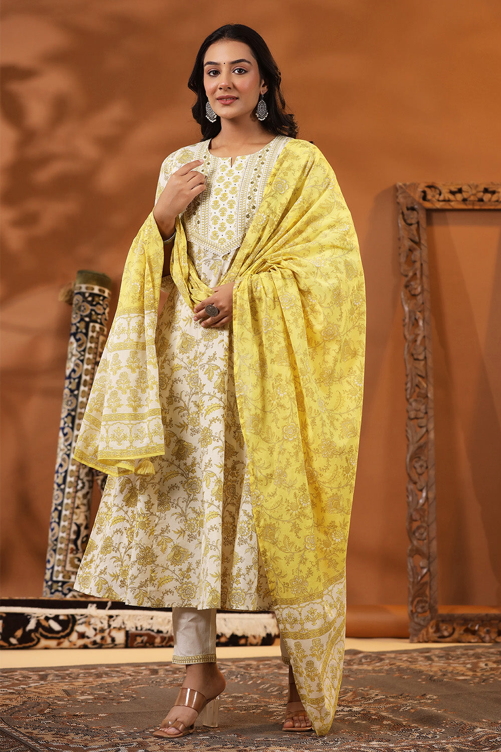 Cream & Lemon Yellow Color Floral Printed Cotton Anarkali Suit