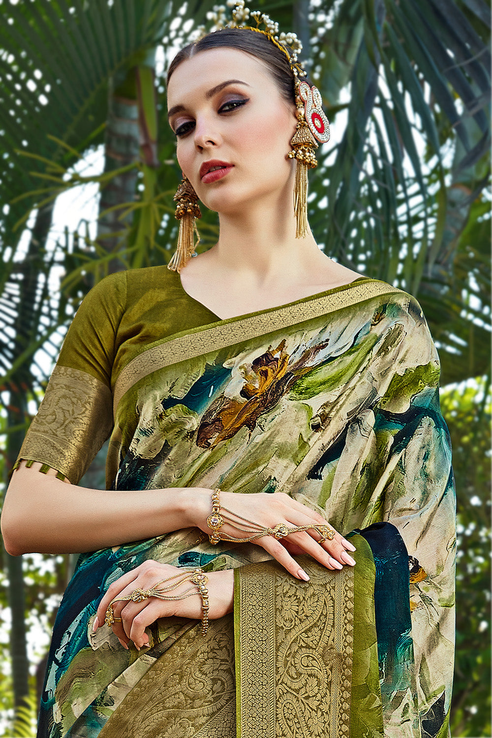 Olive Green Color Modal Silk Printed & Woven Saree