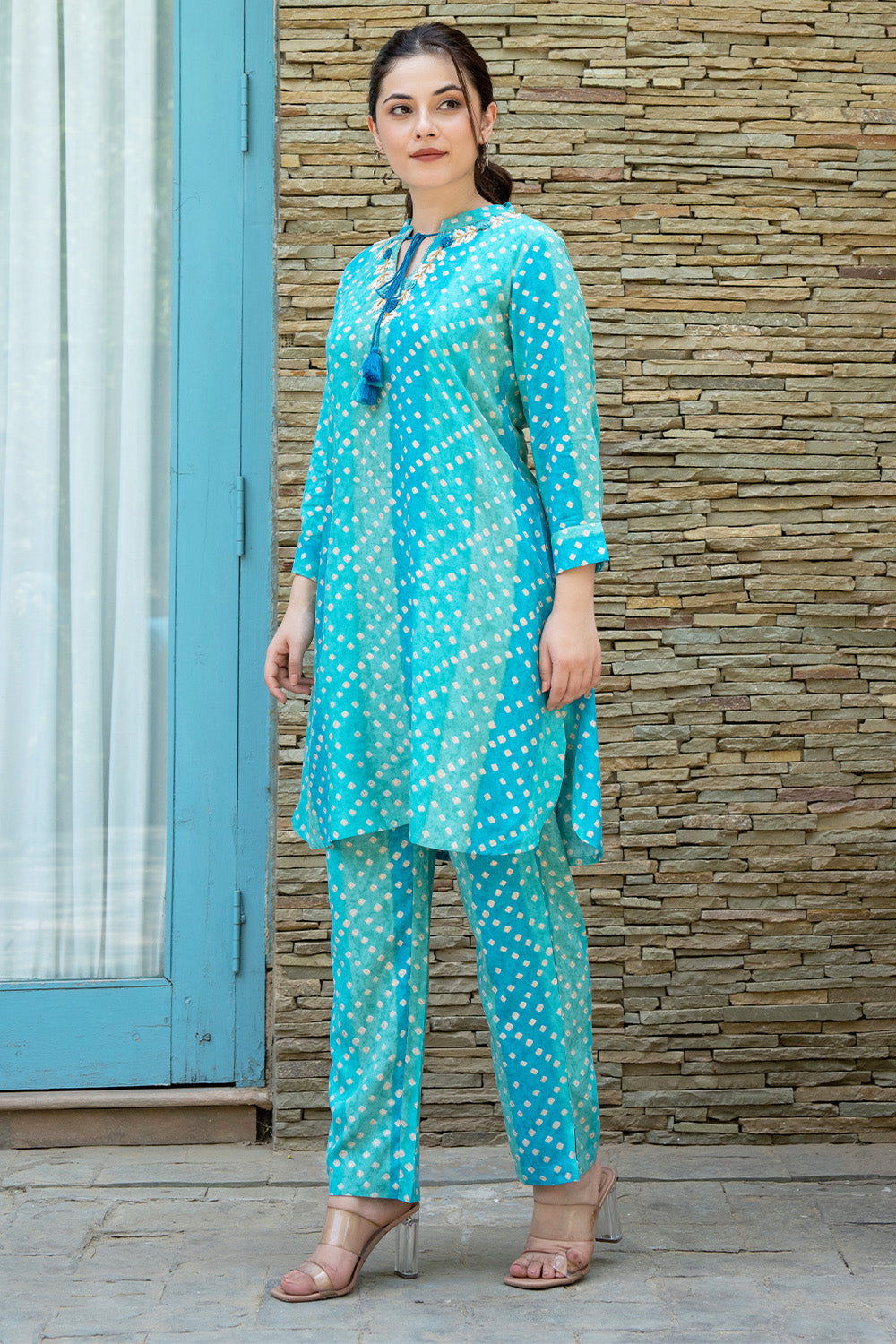 Turquoise  Color Printed Rayon Suit