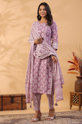 Mauve Color Printed Cotton Straight Suit