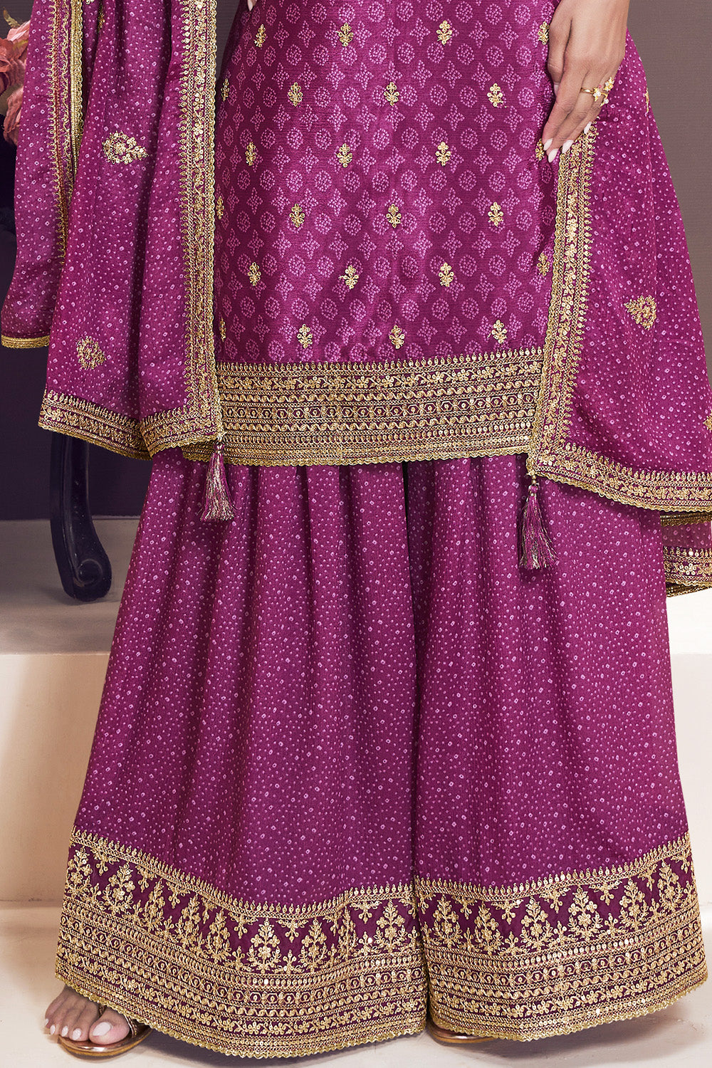 Dark Raspberry Color Bandhani Printed & Embroidered Crepe Silk Unstitched Suit Material With Readymade Palazzo