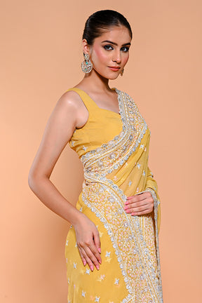 Pale Yellow Color Embroidered Crush Tissue Saree