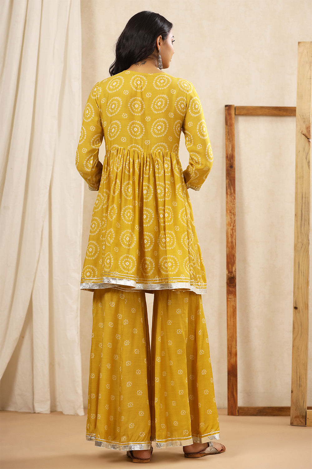 Mustard Color Crepe Silk Bhandhani Printed Alia-Cut Suit With Gharara