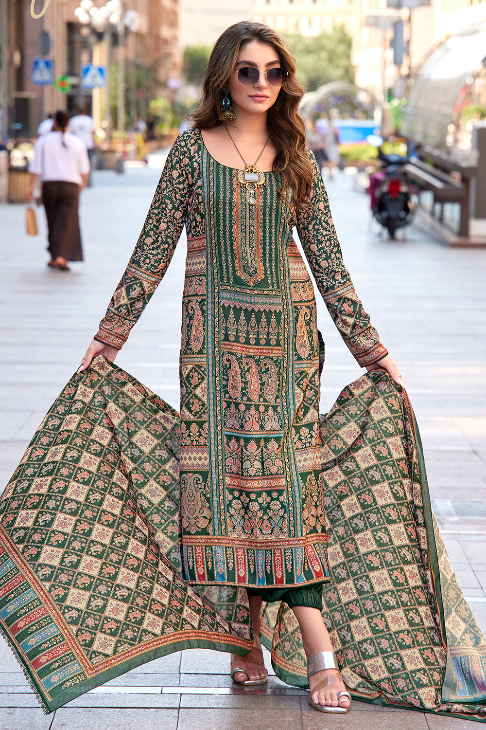 Green Color Printed Spun  Unstitched Suit Material