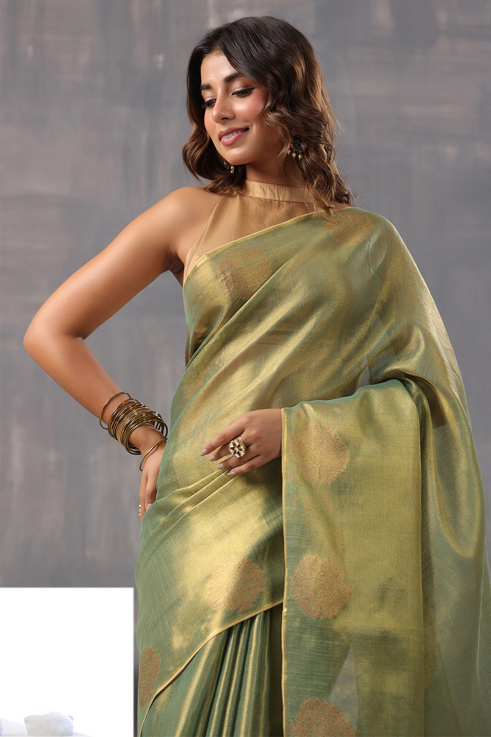 Green Color Organza Cotton Golden Zari Woven Saree