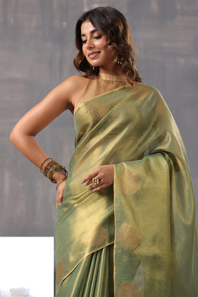 Green Color Organza Cotton Golden Zari Woven Saree