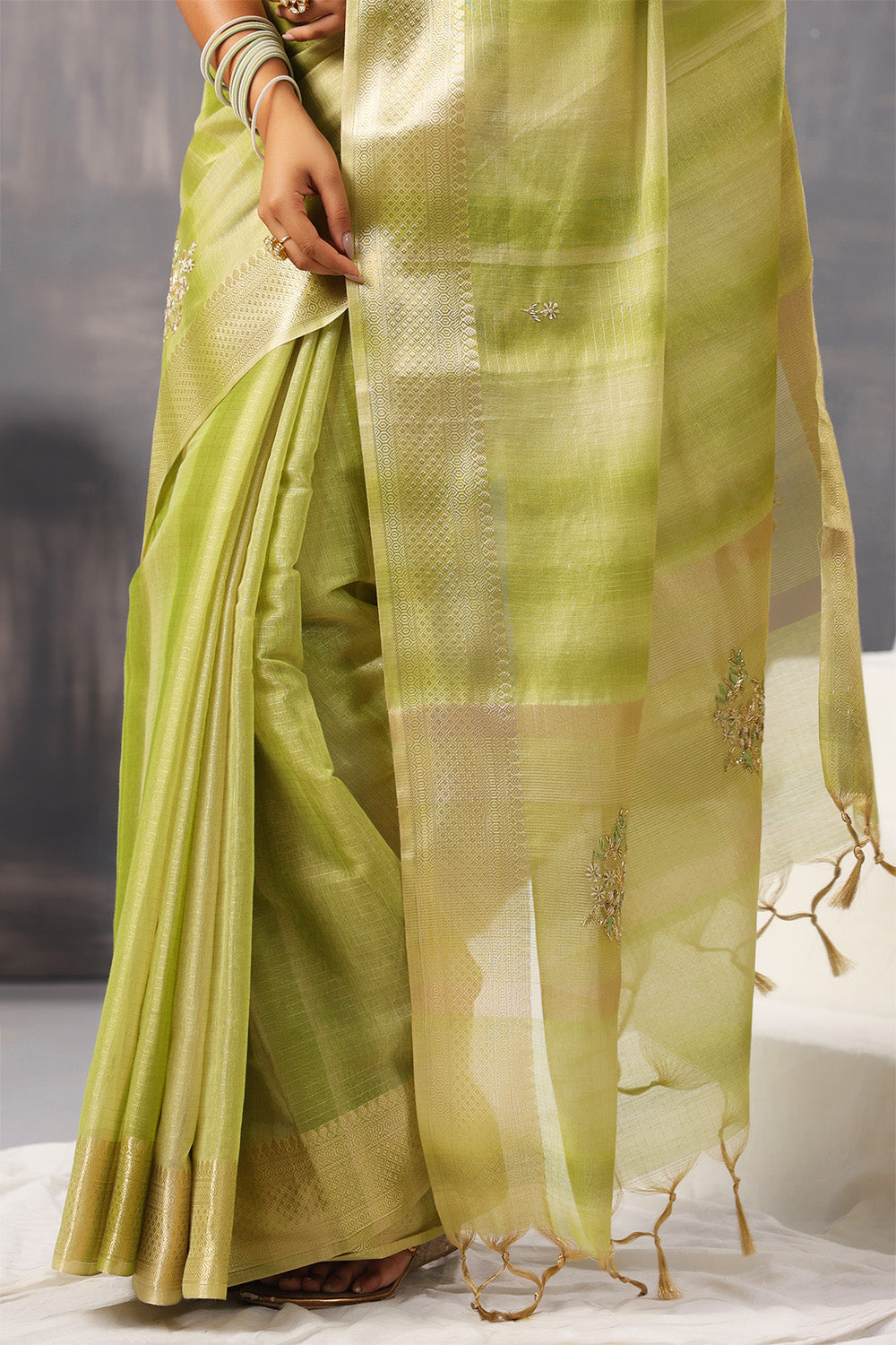 Green Color Organza Tissue Golden Zari Woven Saree
