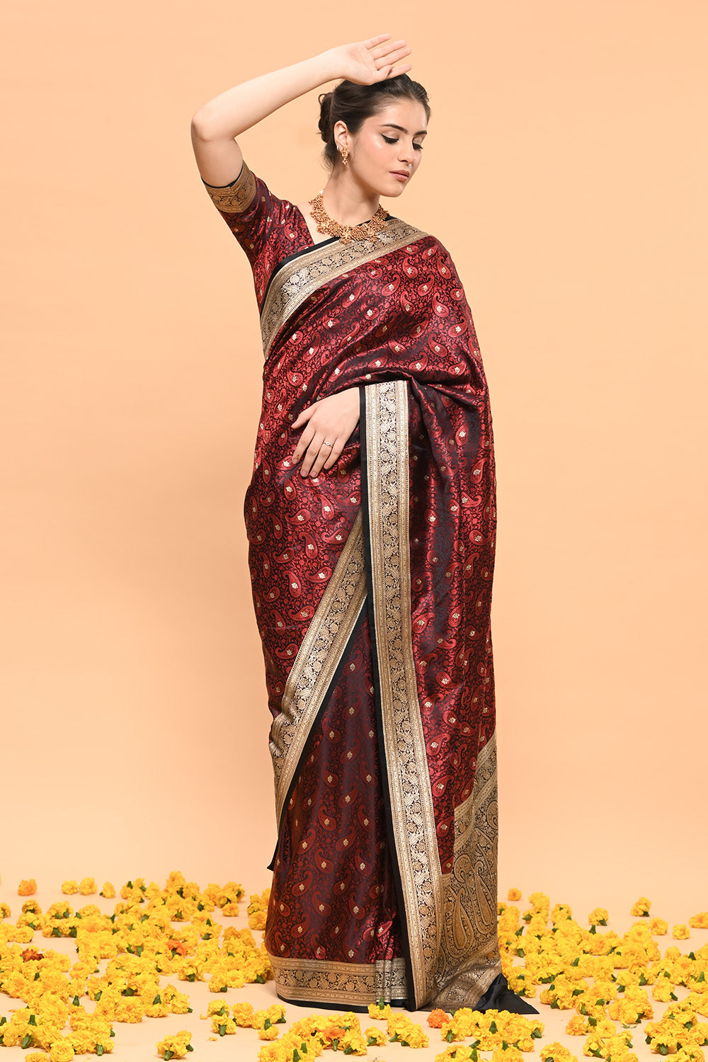 Black & Maroon Color Banarasi Silk Woven Saree