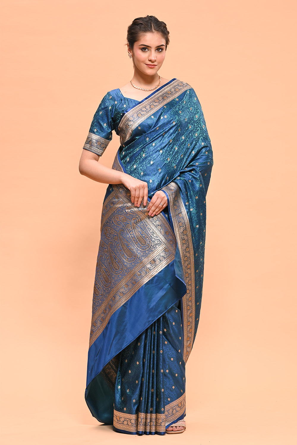 Navy & Green Color Banarasi Silk Woven Saree