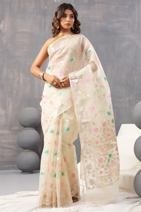 Cream Color Organza Woven Saree