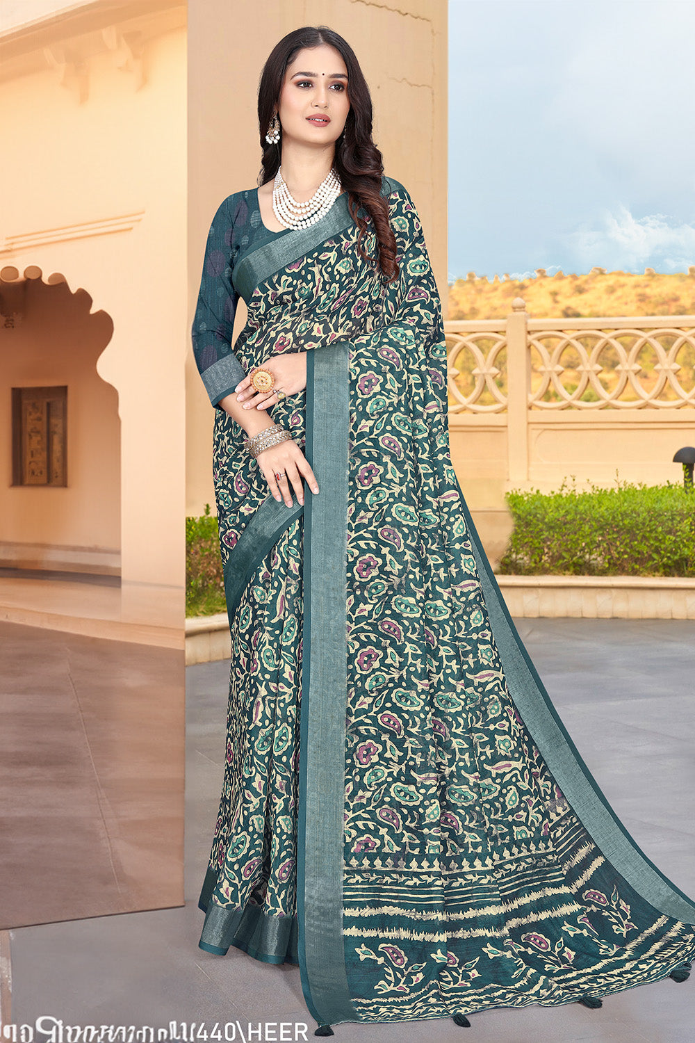 Teal Green Colour Cotton Printed Saree