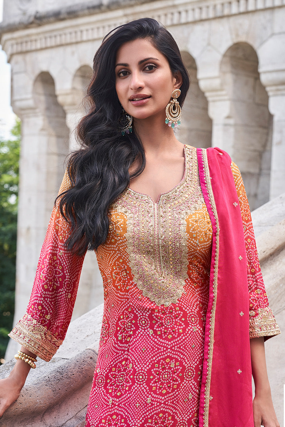 Fuchsia Pink  Crepe Silk Bandhani Printed And Embroidered Suit With Sharara