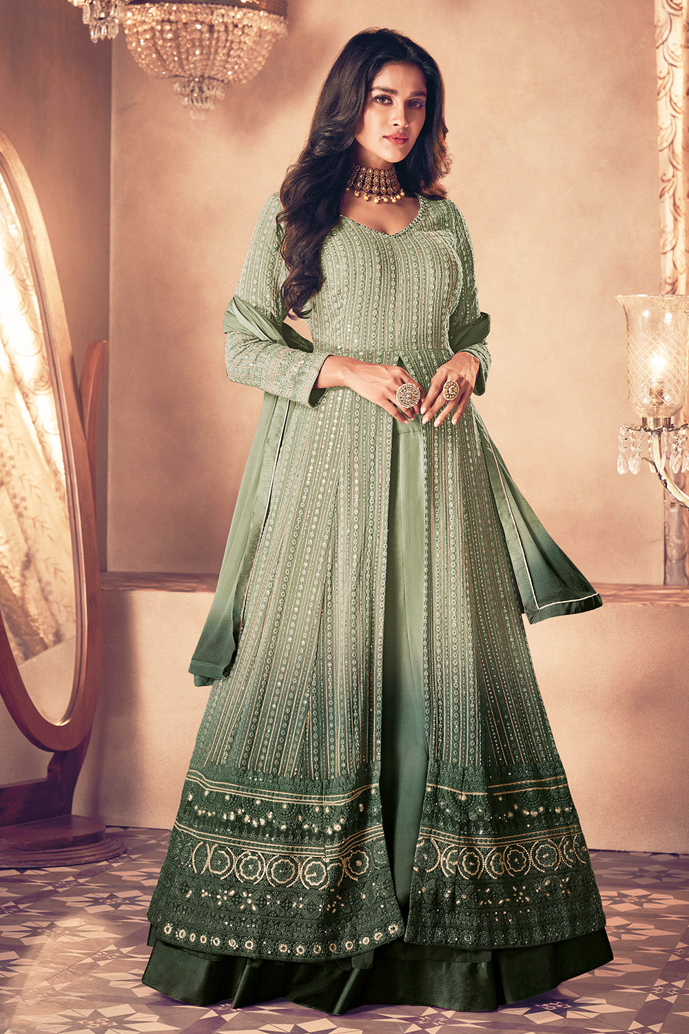 Olive Green Color Embroidered Georgette Suit With Skirt