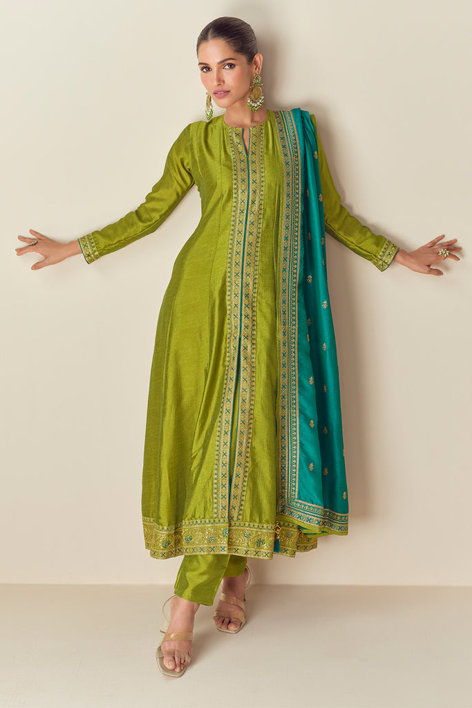 Parrot Green Color Embroidered Crepe Silk Suit