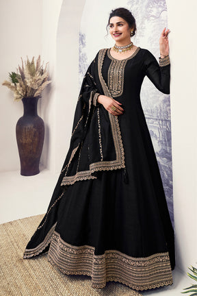 Black Color Silk Zari Embroidered Semi-Stitched Suit Material