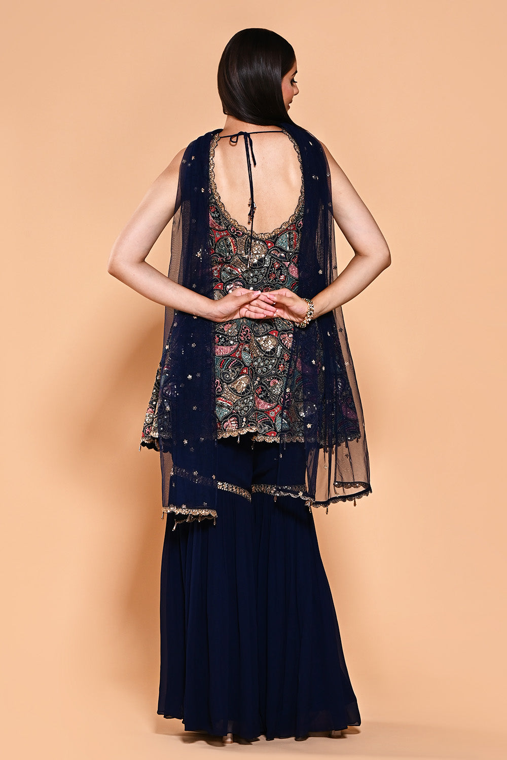 Navy Color Sequins & Resham Embroidered Georgette Peplum Gharara Suit