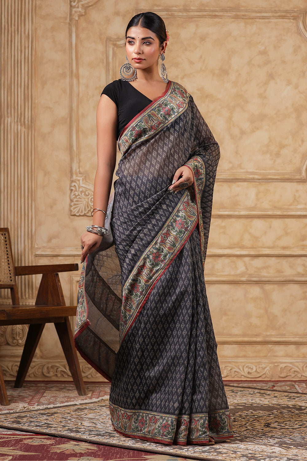 Grey Color Printed Cotton Saree