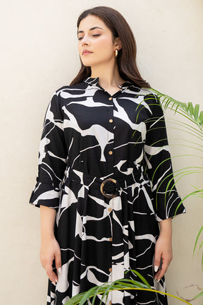 Black Color Rayon Printed Peonies Dress