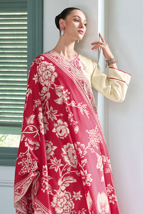 Red & Cream Color Embroidered Unstitched Suit Material