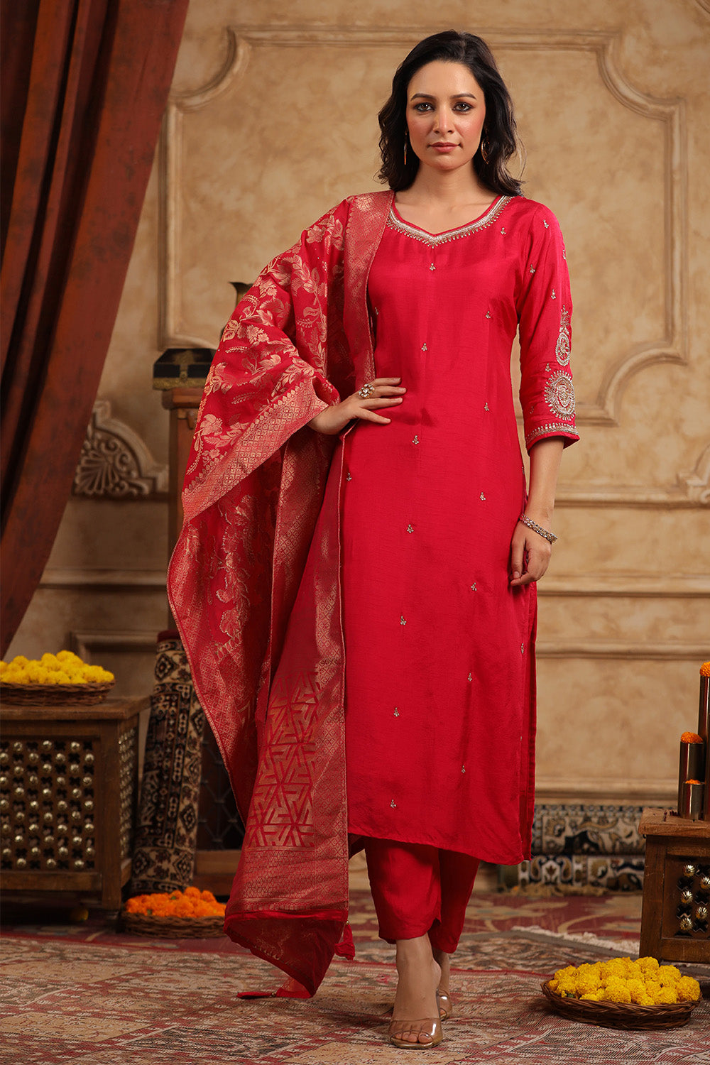 Red Color Silk Embroidered Straight Suit With Woven Dupatta