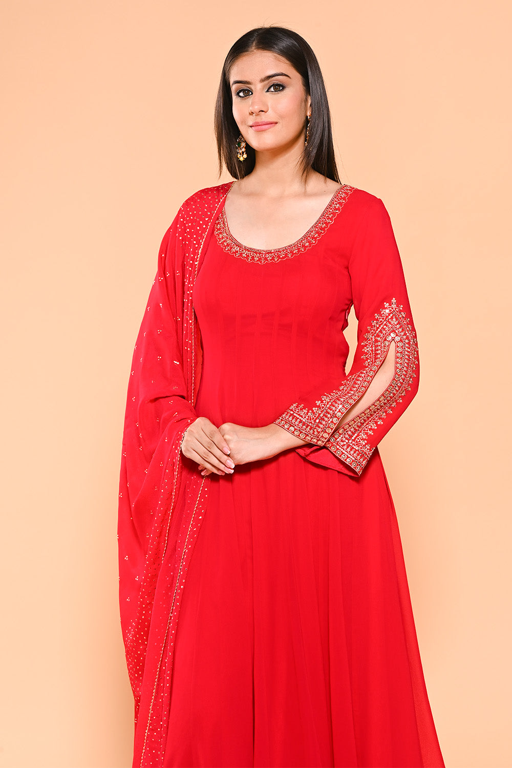 Red Color Georgette Designer Side Silts Sleeves Embroidered Anarkali Suit