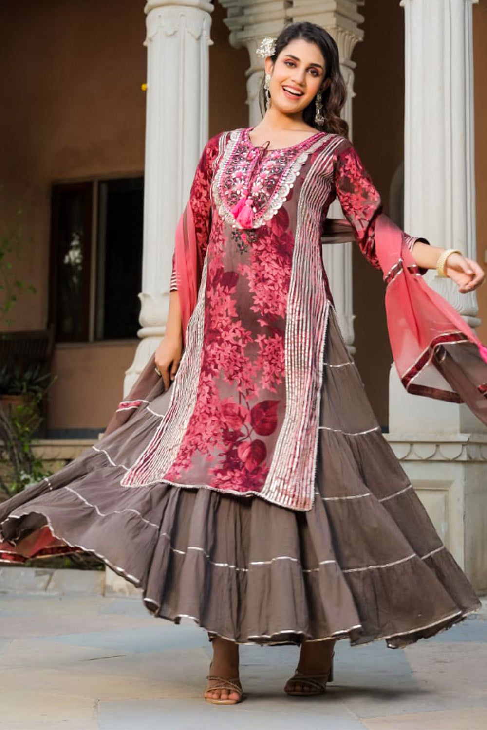 Brown Color Muslin Printed Kurta Set With Attached Skirt