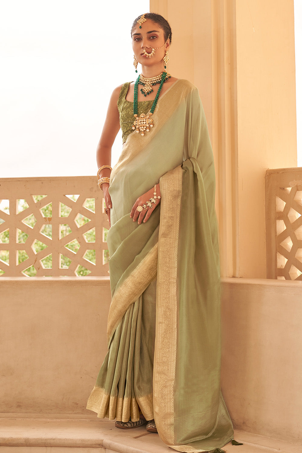 Sage Green Color Organza Silk Woven Saree