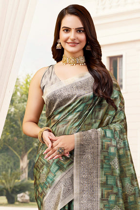 Beige & Green Color Cotton Silk Printed Saree