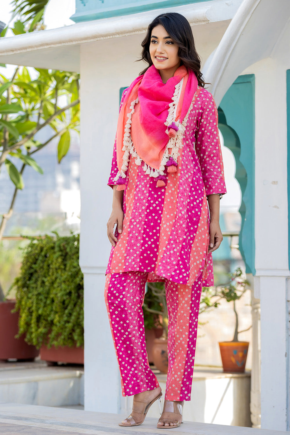 Pink & Orange Color Printed Rayon Suit