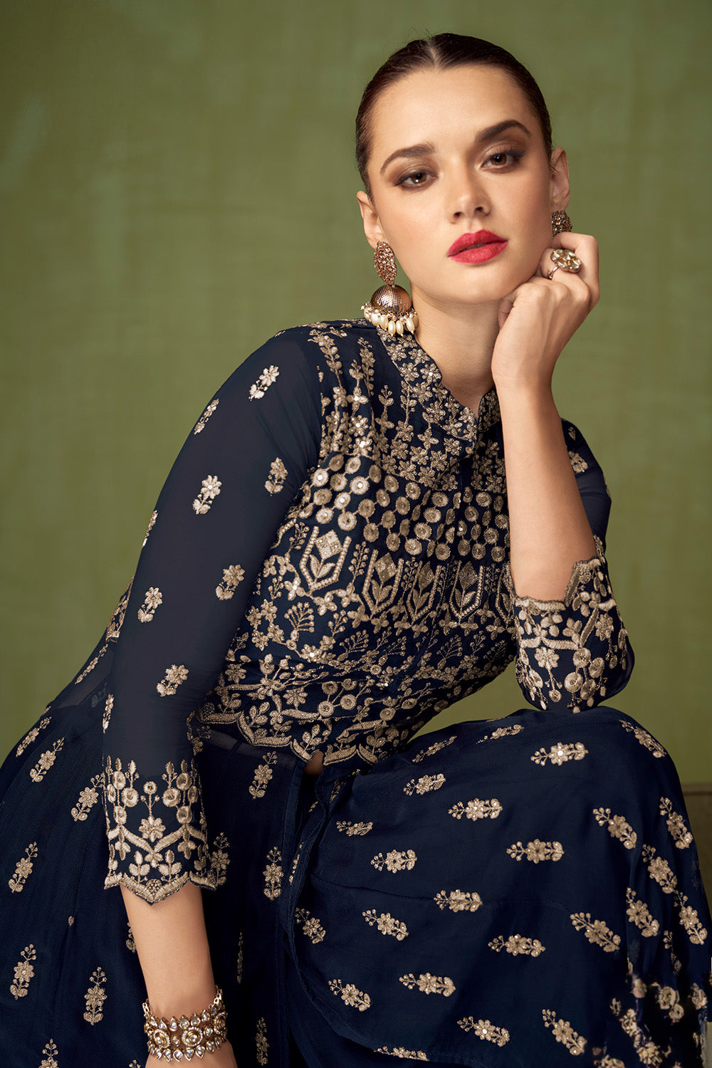 Navy Color Georgette Resham Embroidered Suit with Palazzo