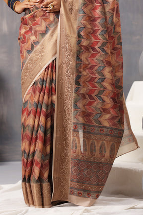 Brown Color Cotton Printed Saree