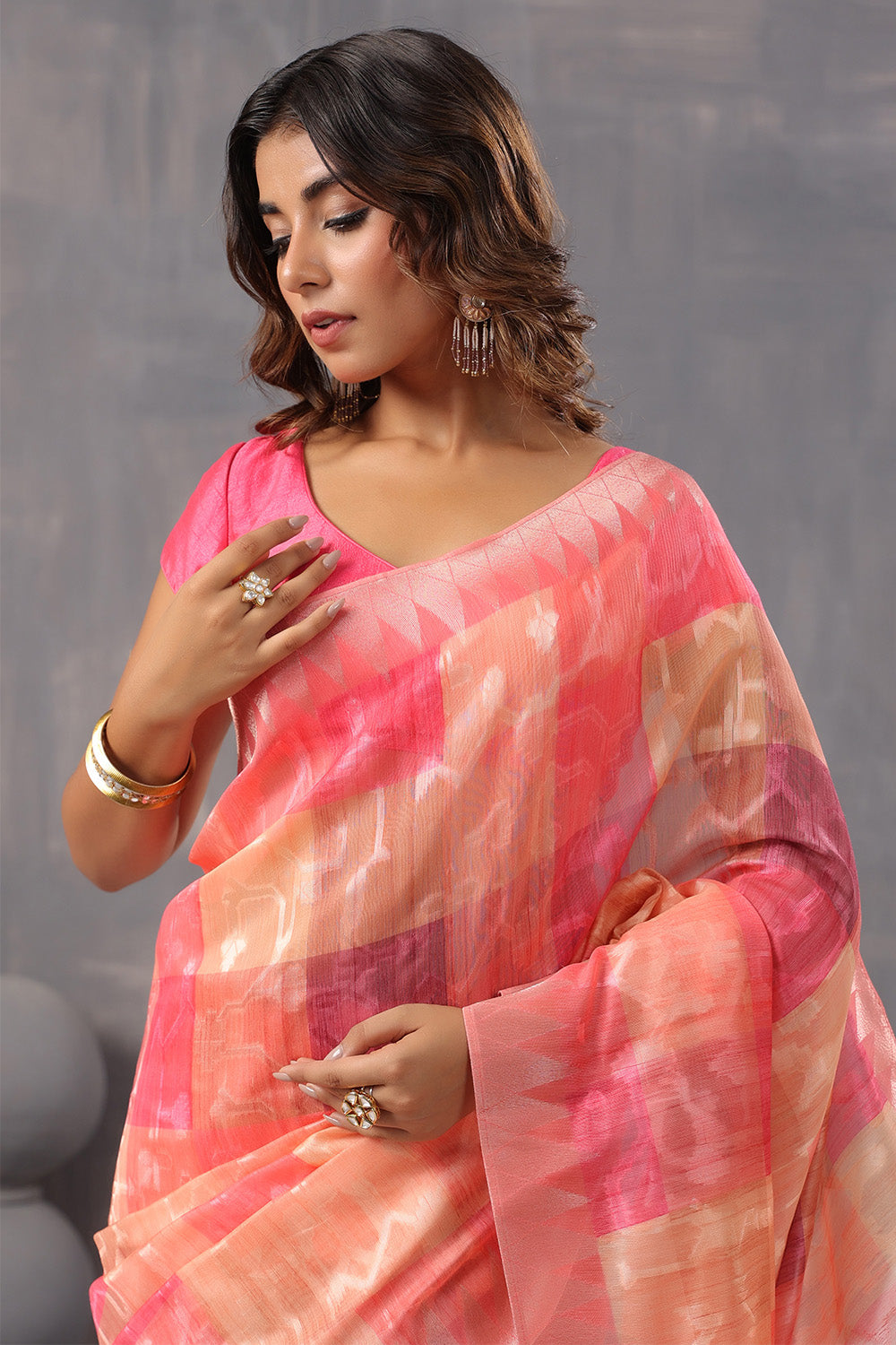 Coral Color Organza Woven Saree