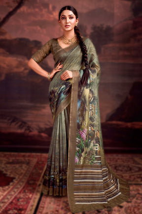 Olive Green Color Printed Chanderi Cotton Saree