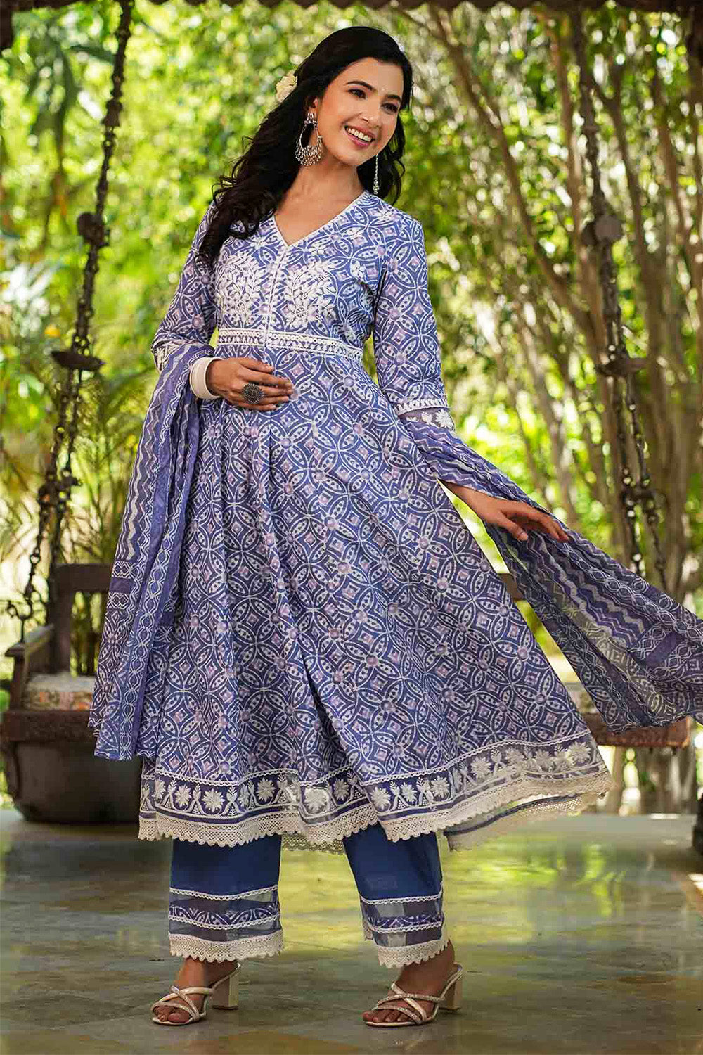 Blue Color Cotton Printed And Neck Embroidered Anarkali Suit