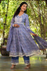 Blue Color Cotton Printed And Neck Embroidered Anarkali Suit