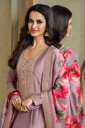 Dusty Mauve Silk Embroidered Anarkali Suit