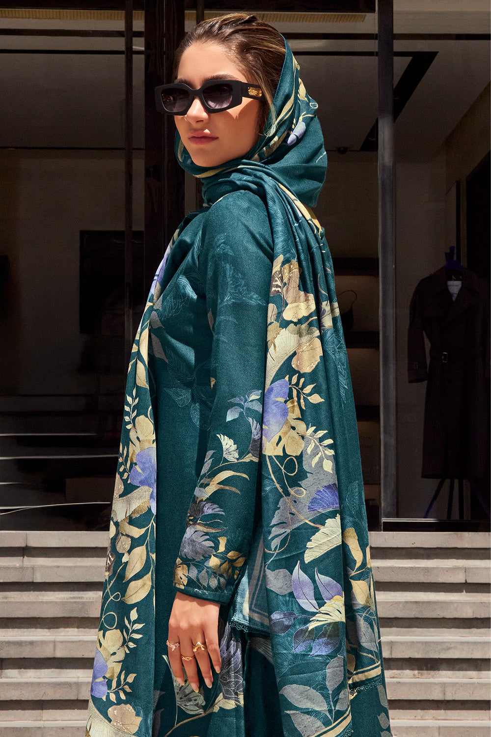 Teal Blue Color Spun Floral Printed Unstitched Suit